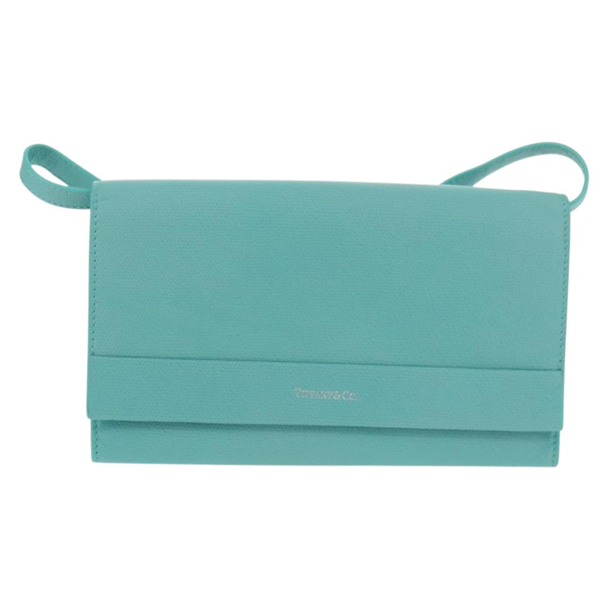 TIFFANY&Co. Shoulder Wallet Leather Turquoise Blue Auth 155100M