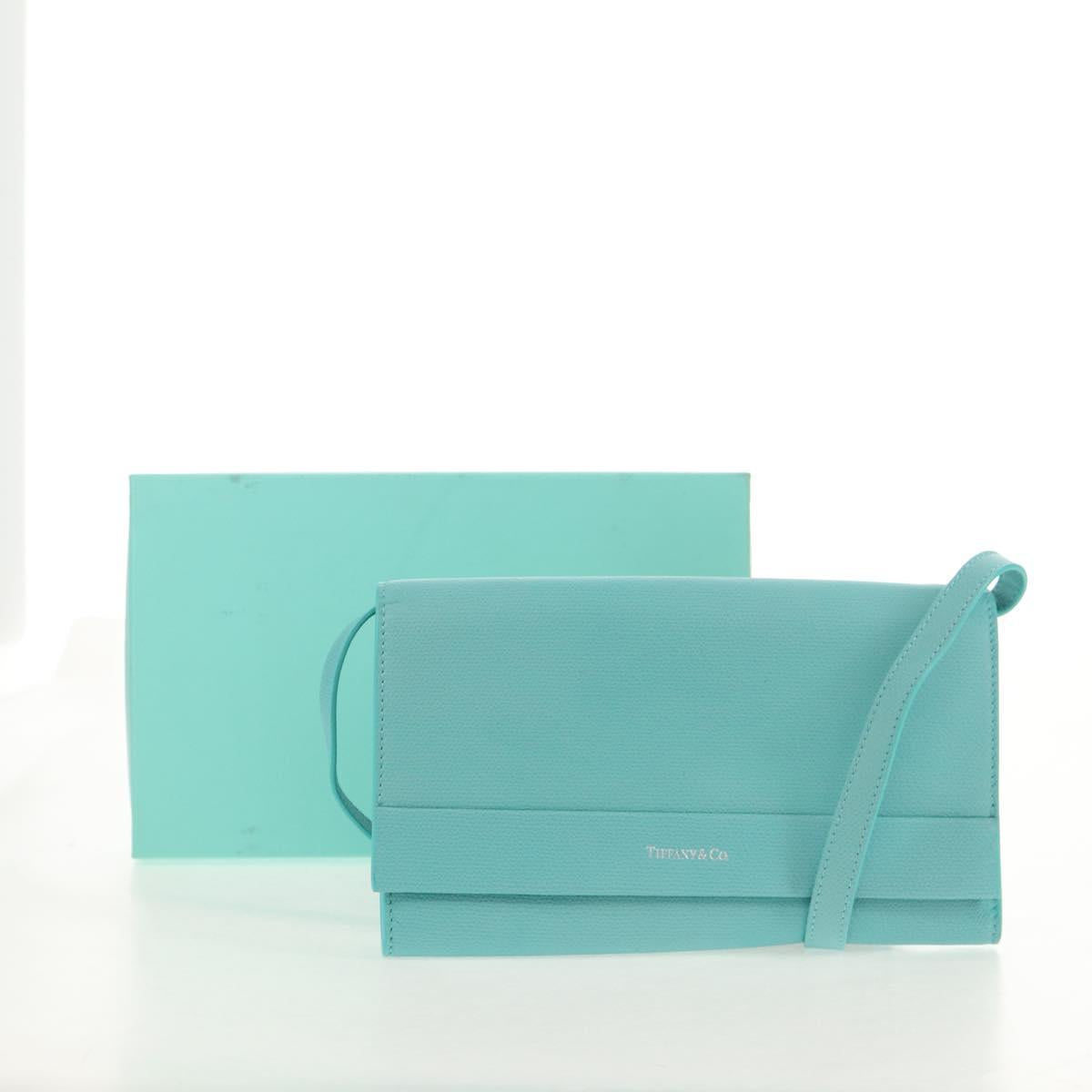 TIFFANY&Co. Shoulder Wallet Leather Turquoise Blue Auth 155100M