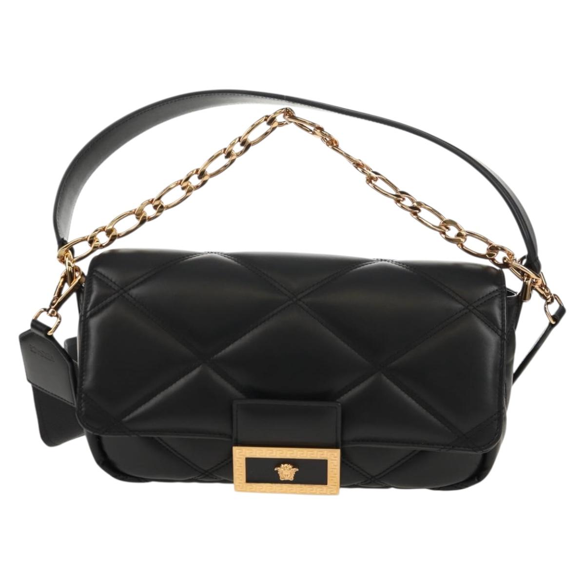 VERSACE Medusa Shoulder Bag Leather Black Gold Auth 155105A