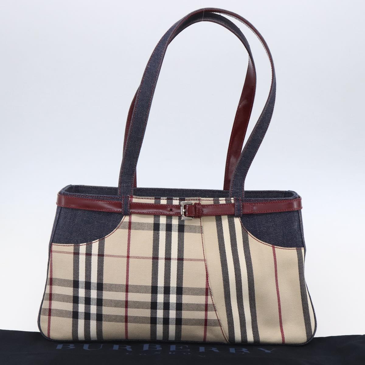 BURBERRY Nova Check Tote Bag Denim Blue Beige Silver Auth 155109