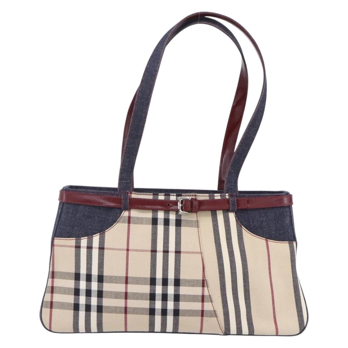 BURBERRY Nova Check Tote Bag Denim Blue Beige Silver Auth 155109