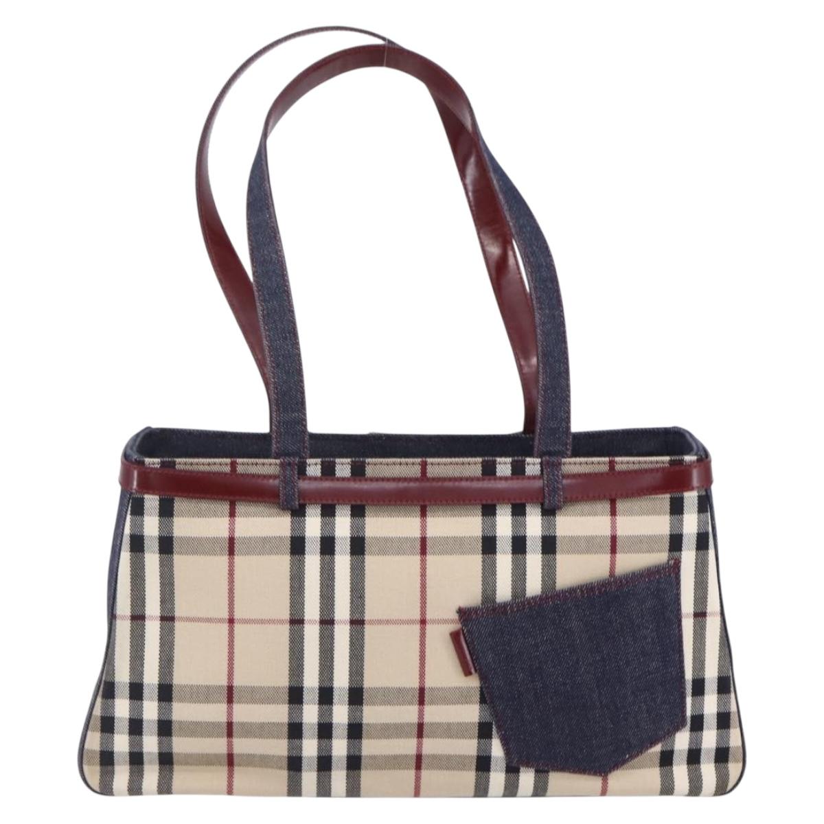 BURBERRY Nova Check Tote Bag Denim Blue Beige Silver Auth 155109