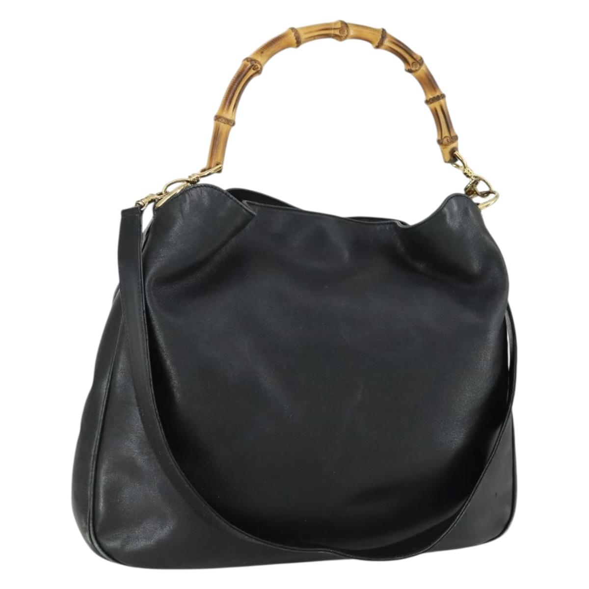 GUCCI Bamboo Hand Bag Leather 2way Black Gold 001 2854 1577 Auth 155217