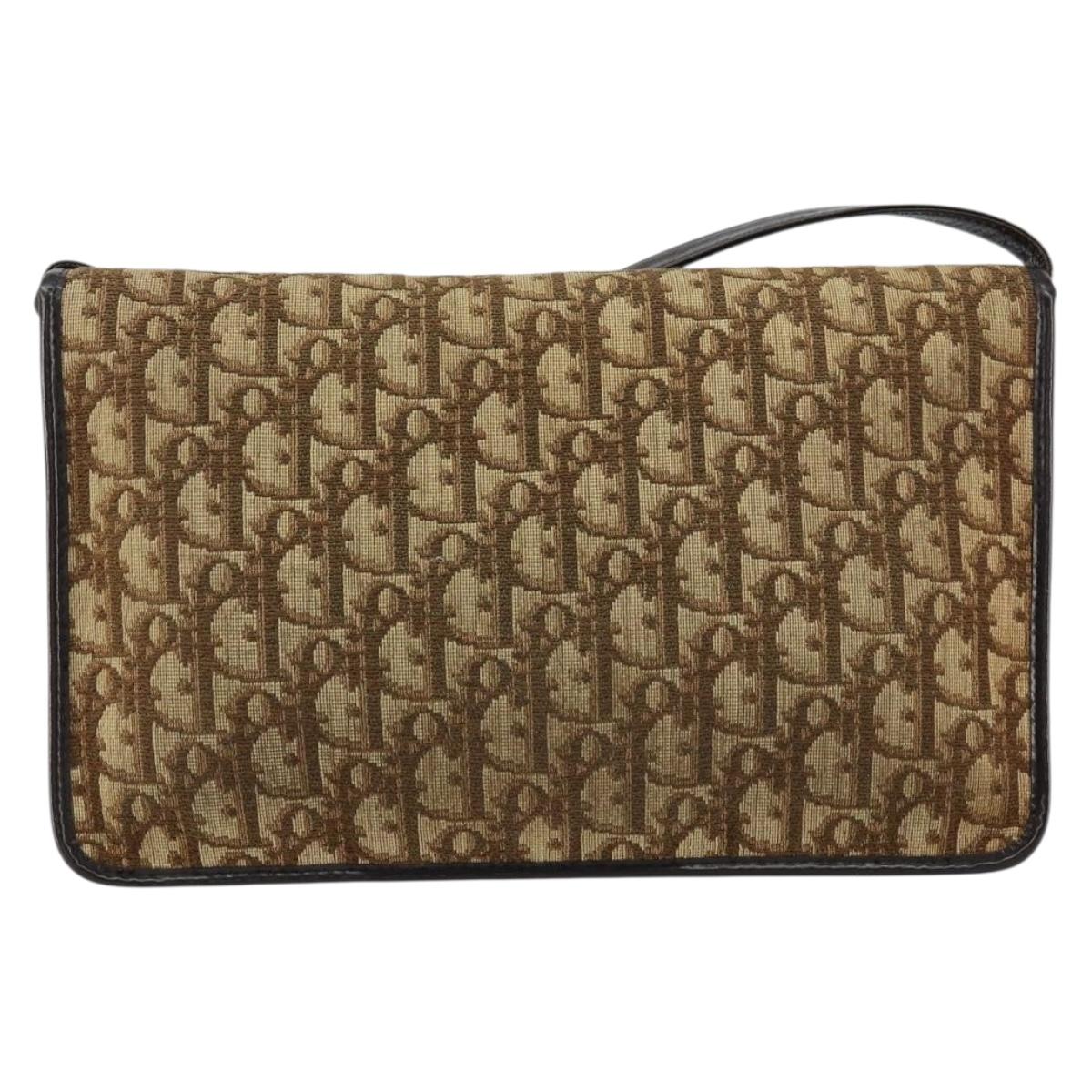 Christian Dior Trotter Canvas Shoulder Bag Beige Gold Auth 155229