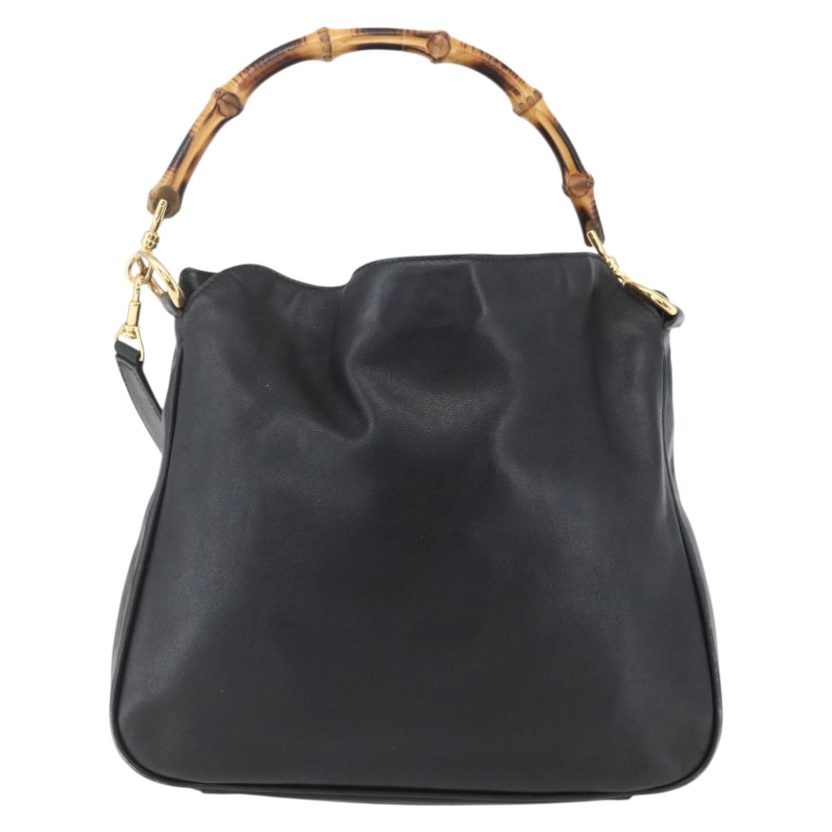 GUCCI Bamboo Hand Bag Leather 2way Black Gold Auth 155242