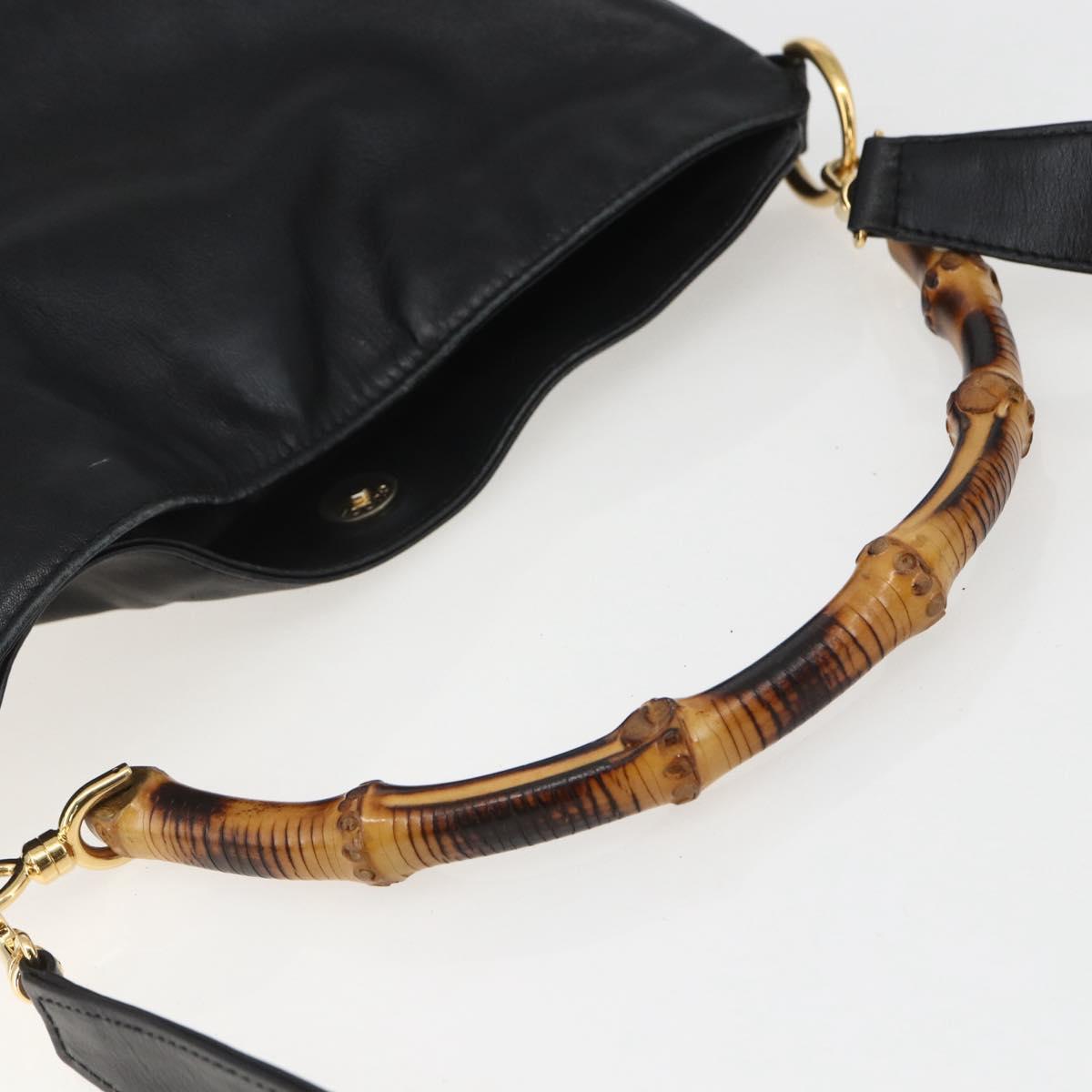 GUCCI Bamboo Hand Bag Leather 2way Black Gold Auth 155242