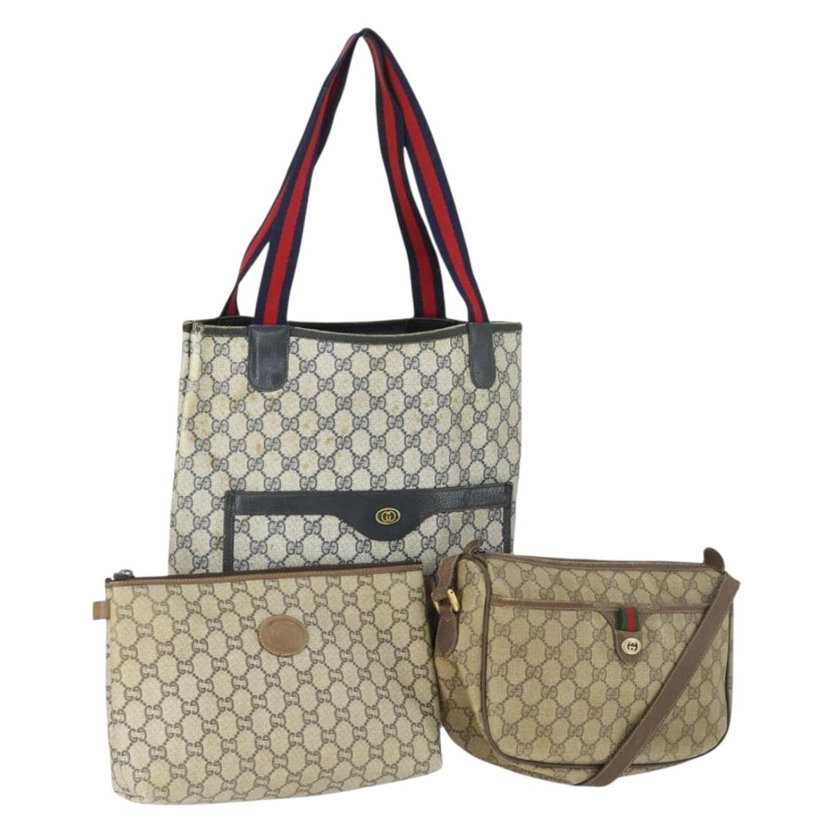 GUCCI GG Canvas GG Plus Sherry Line Bag PVC 3 Set Beige Navy Auth 155246