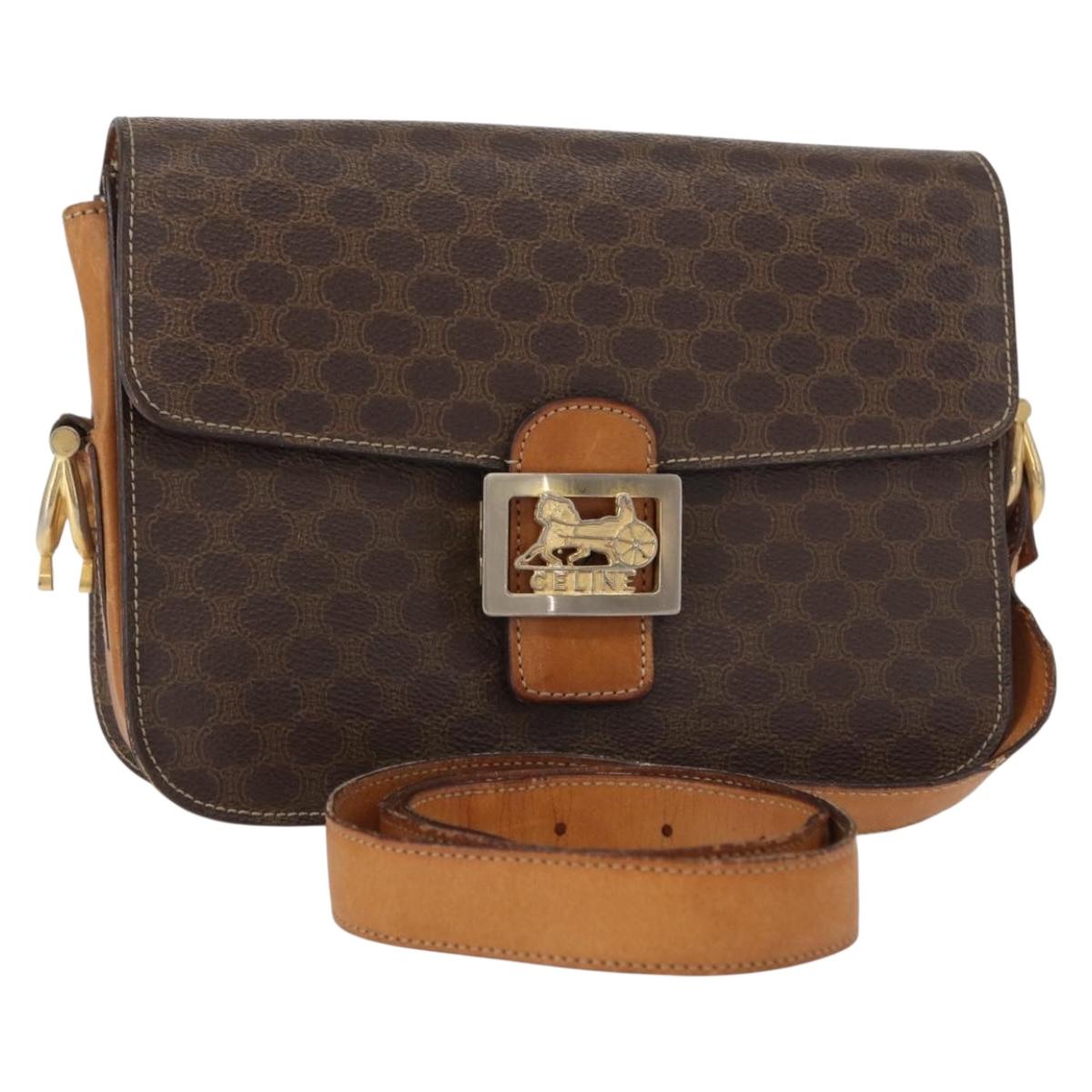 CELINE Macadam Canvas Shoulder Bag PVC Leather Brown Gold Auth 155288