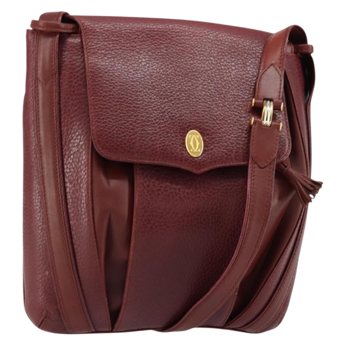 CARTIER Shoulder Bag Leather Bordeaux Gold Auth 155296