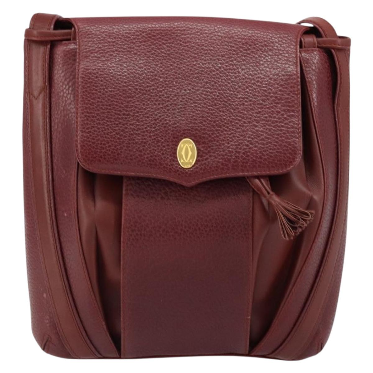 CARTIER Shoulder Bag Leather Bordeaux Gold Auth 155296