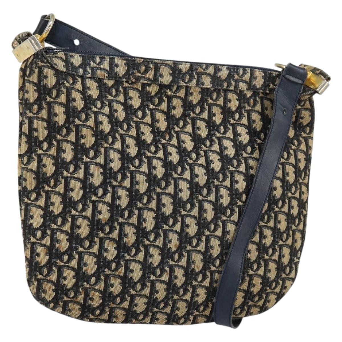 Christian Dior Trotter Canvas Shoulder Bag Navy Gold Auth 155297
