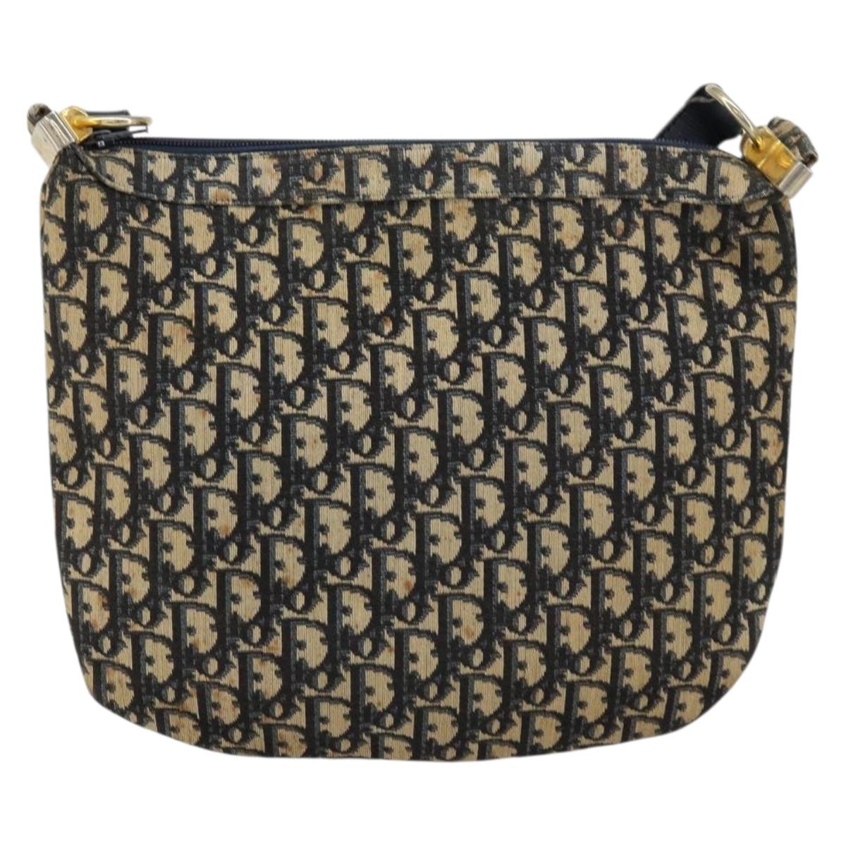 Christian Dior Trotter Canvas Shoulder Bag Navy Gold Auth 155297