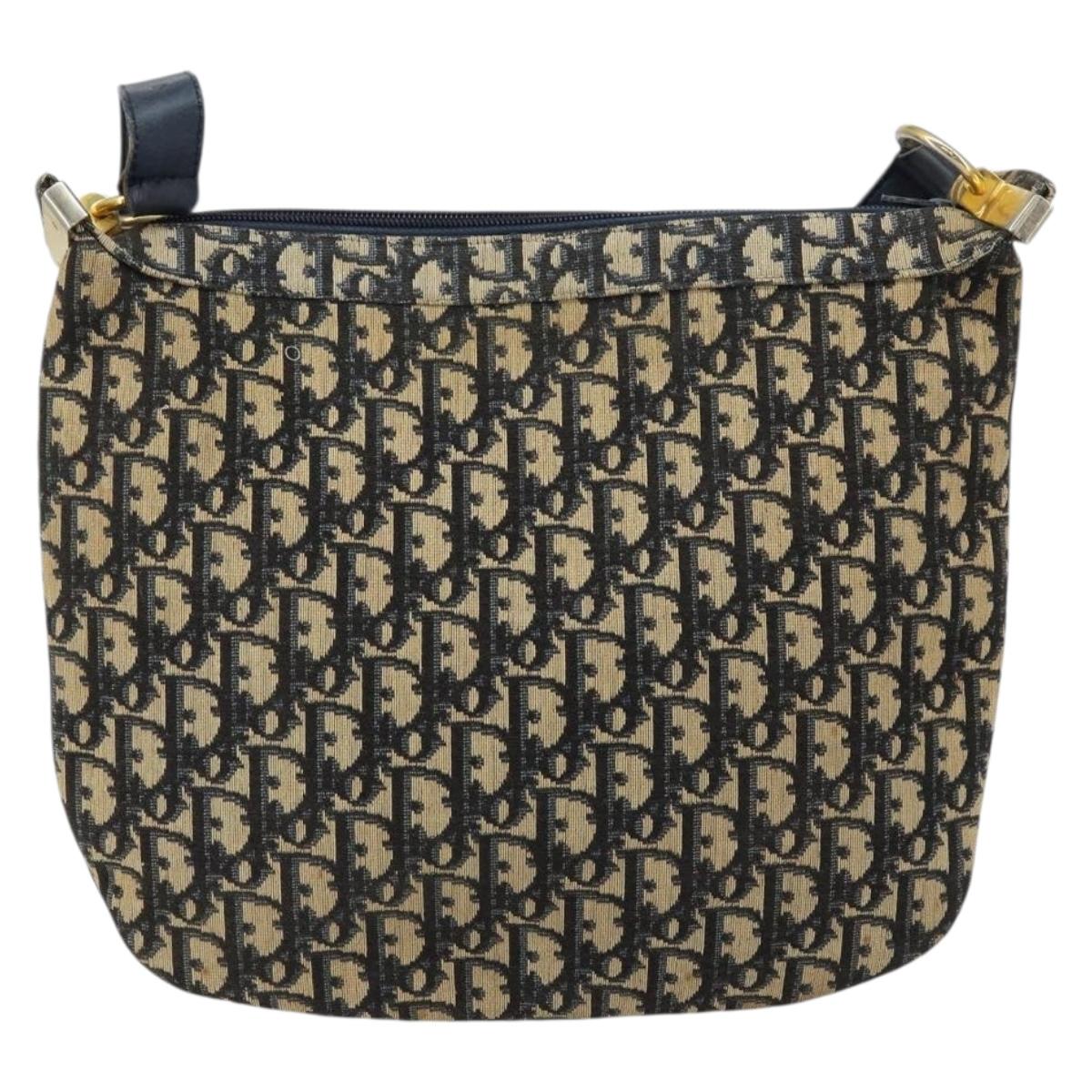 Christian Dior Trotter Canvas Shoulder Bag Navy Gold Auth 155297