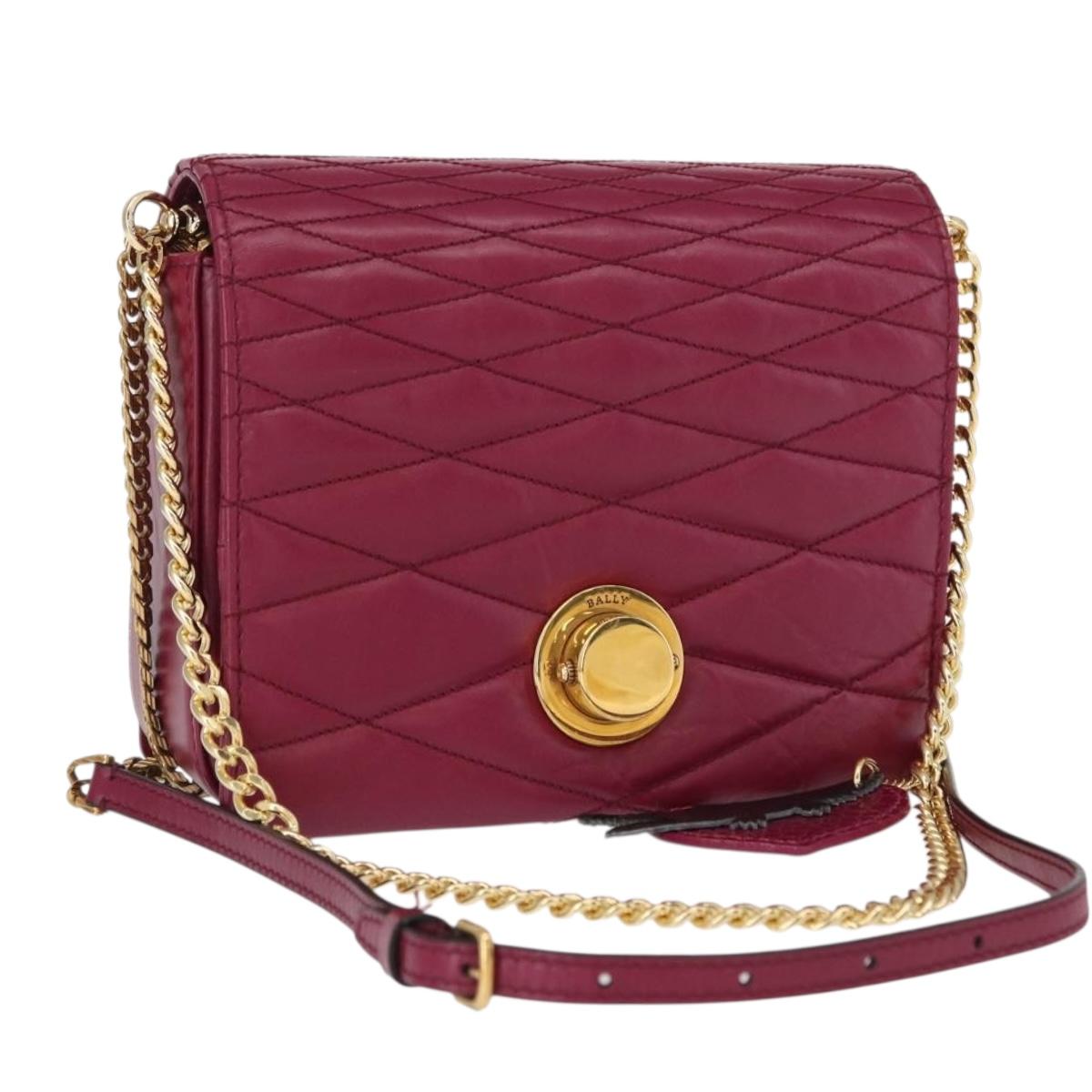 BALLY Chain Shoulder Bag Leather Wine Red Gold Auth 155307