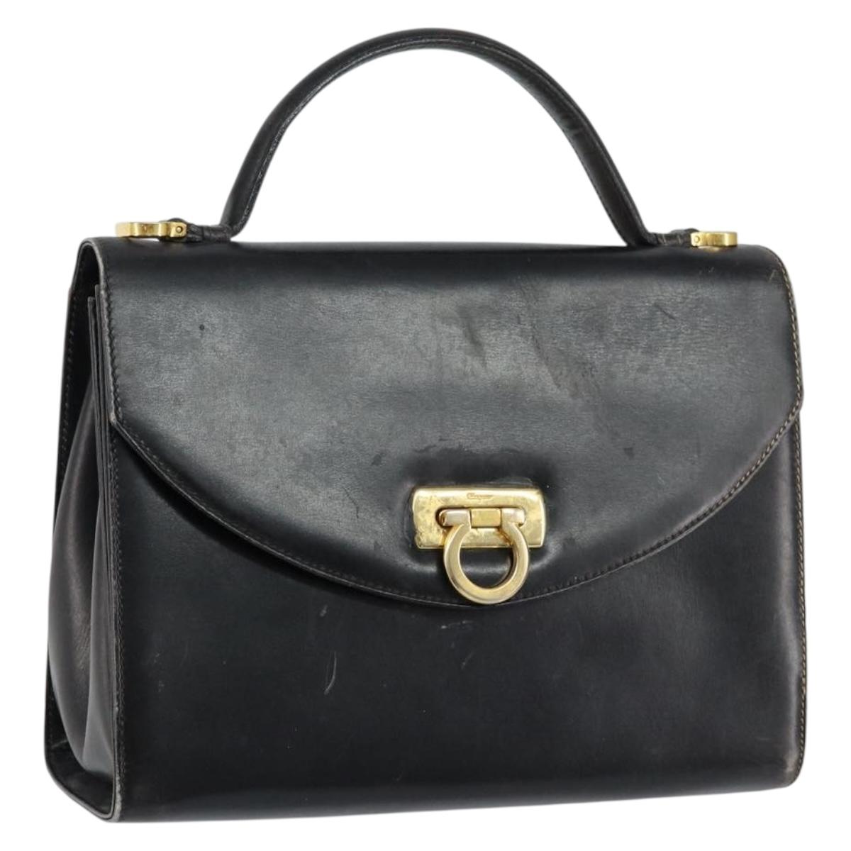 Salvatore Ferragamo Gancini Hand Bag Leather Black Gold Auth 155311