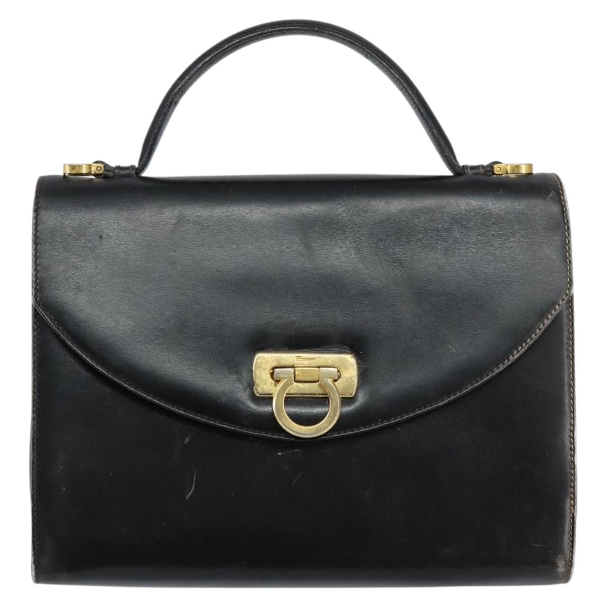 Salvatore Ferragamo Gancini Hand Bag Leather Black Gold Auth 155311
