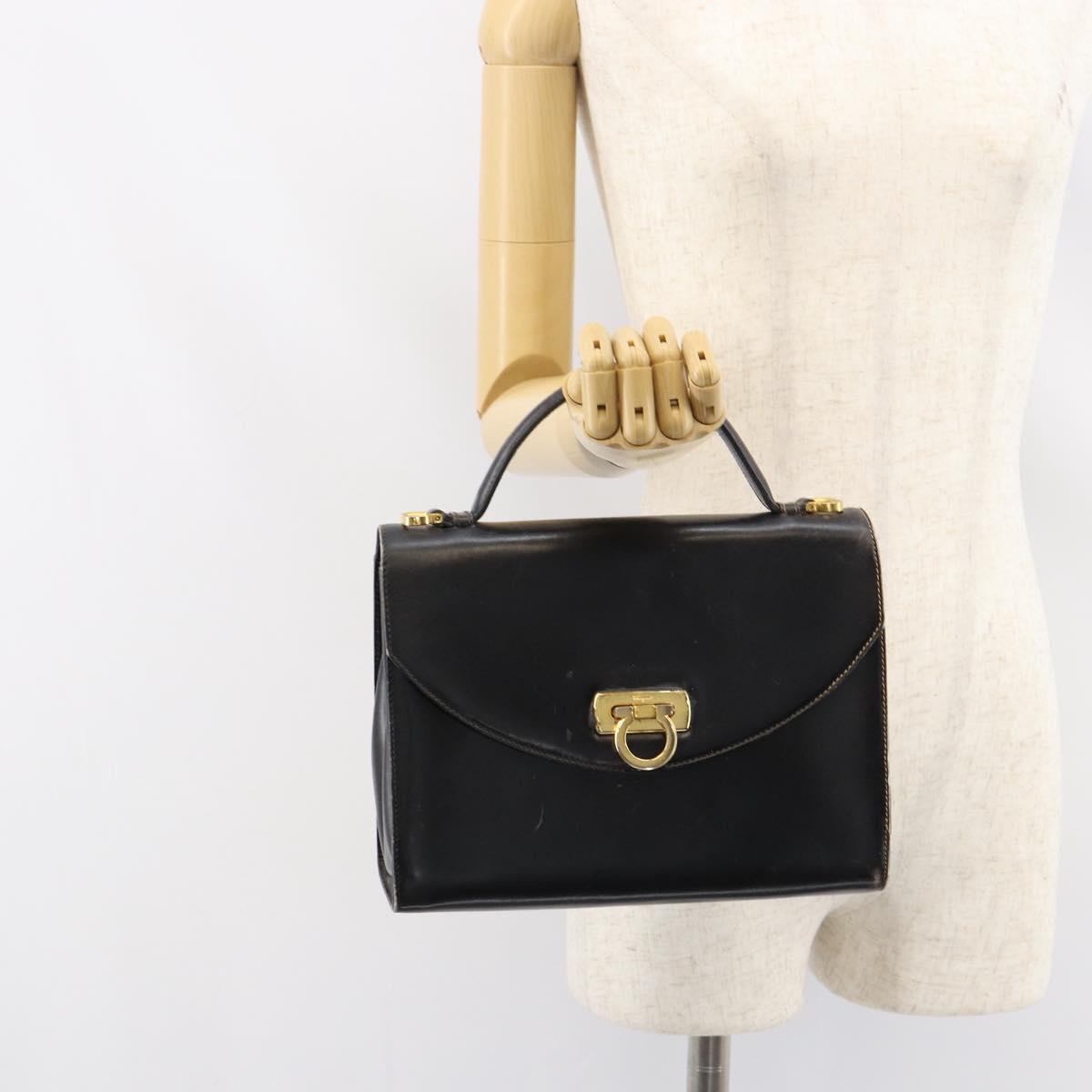 Salvatore Ferragamo Gancini Hand Bag Leather Black Gold Auth 155311