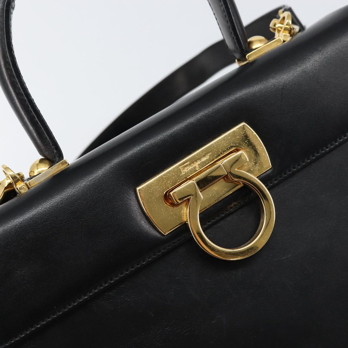 Salvatore Ferragamo Gancini Hand Bag Leather 2way Black Gold Auth 155312
