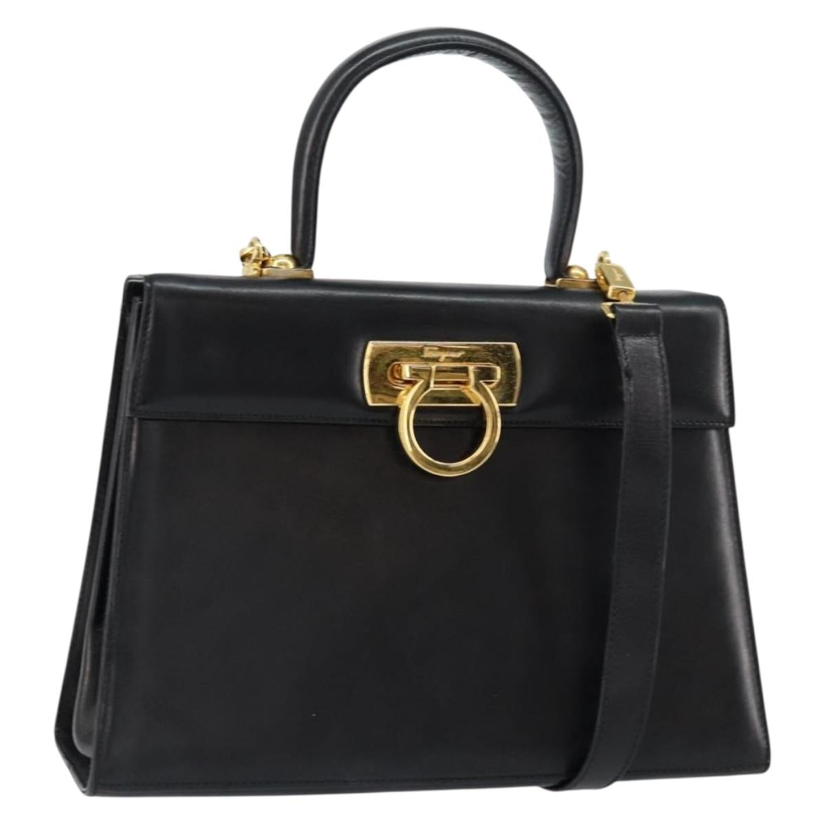 Salvatore Ferragamo Gancini Hand Bag Leather 2way Black Gold Auth 155312