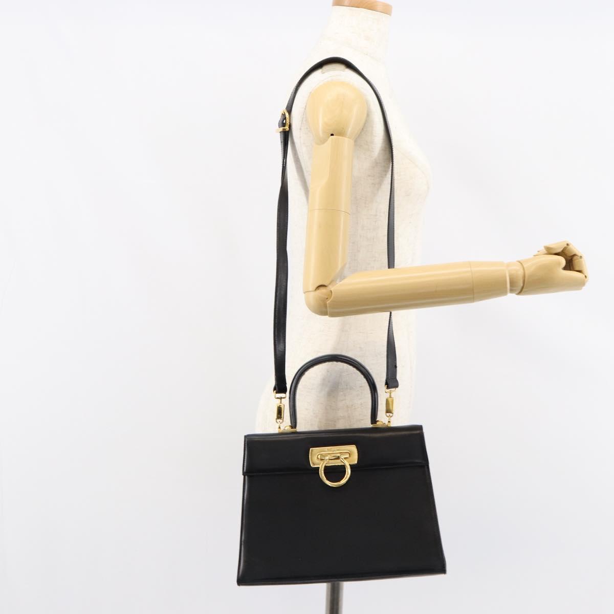 Salvatore Ferragamo Gancini Hand Bag Leather 2way Black Gold Auth 155312