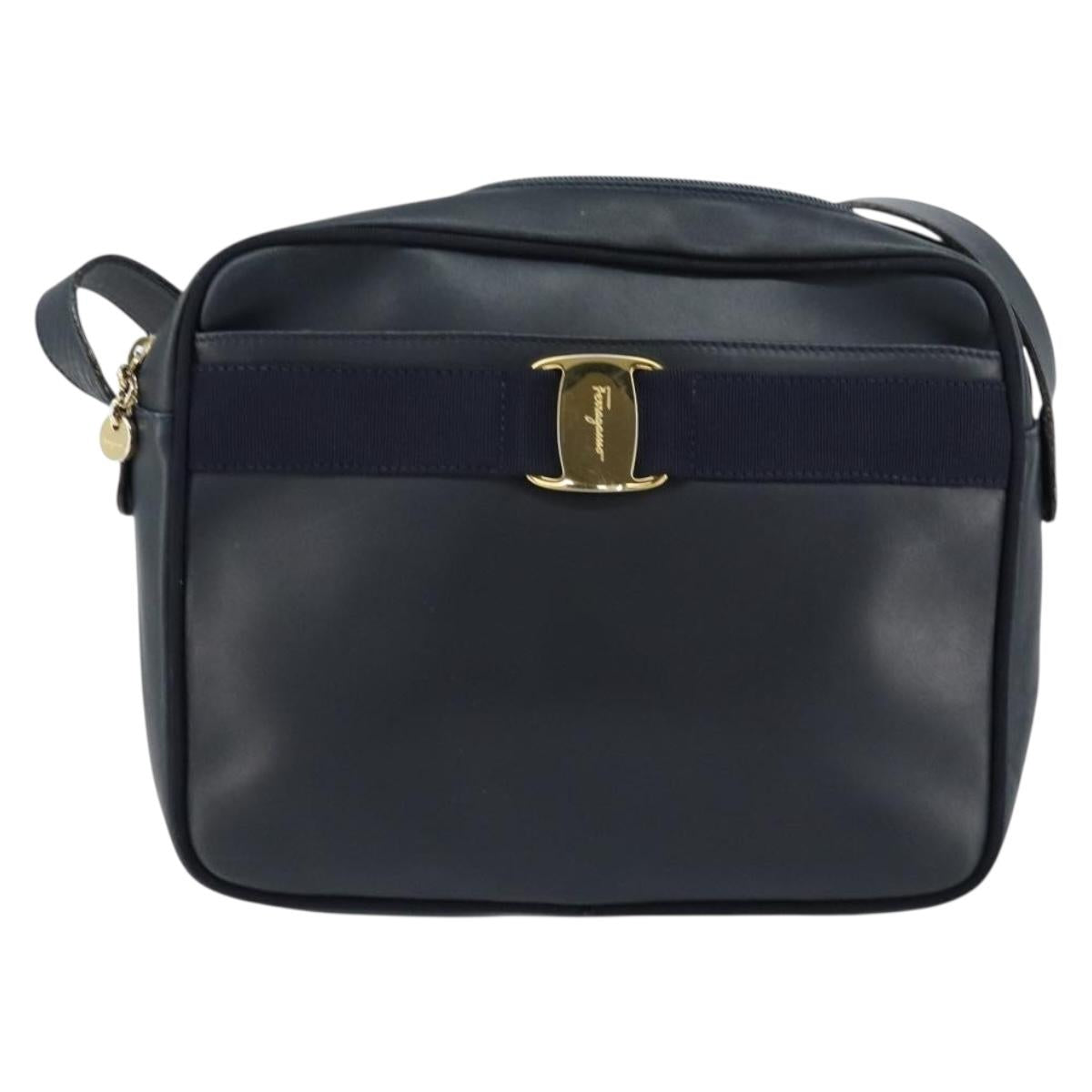 Salvatore Ferragamo Vala Shoulder Bag Leather Navy Gold Auth 155315