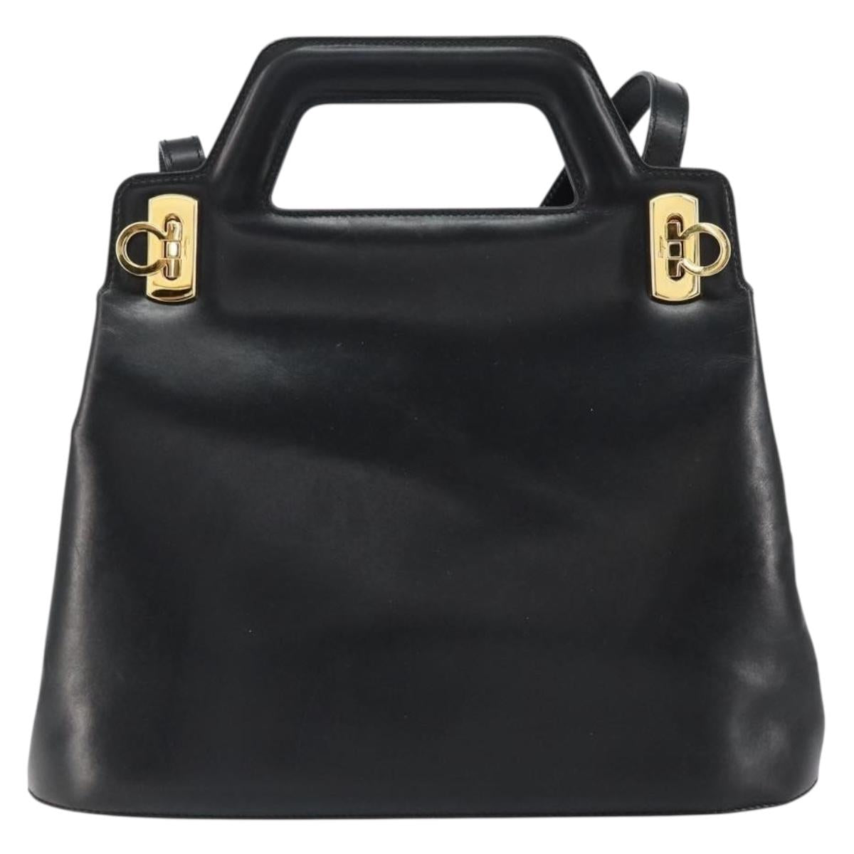 Salvatore Ferragamo Gancini Hand Bag Leather 2way Black Gold Auth 155316