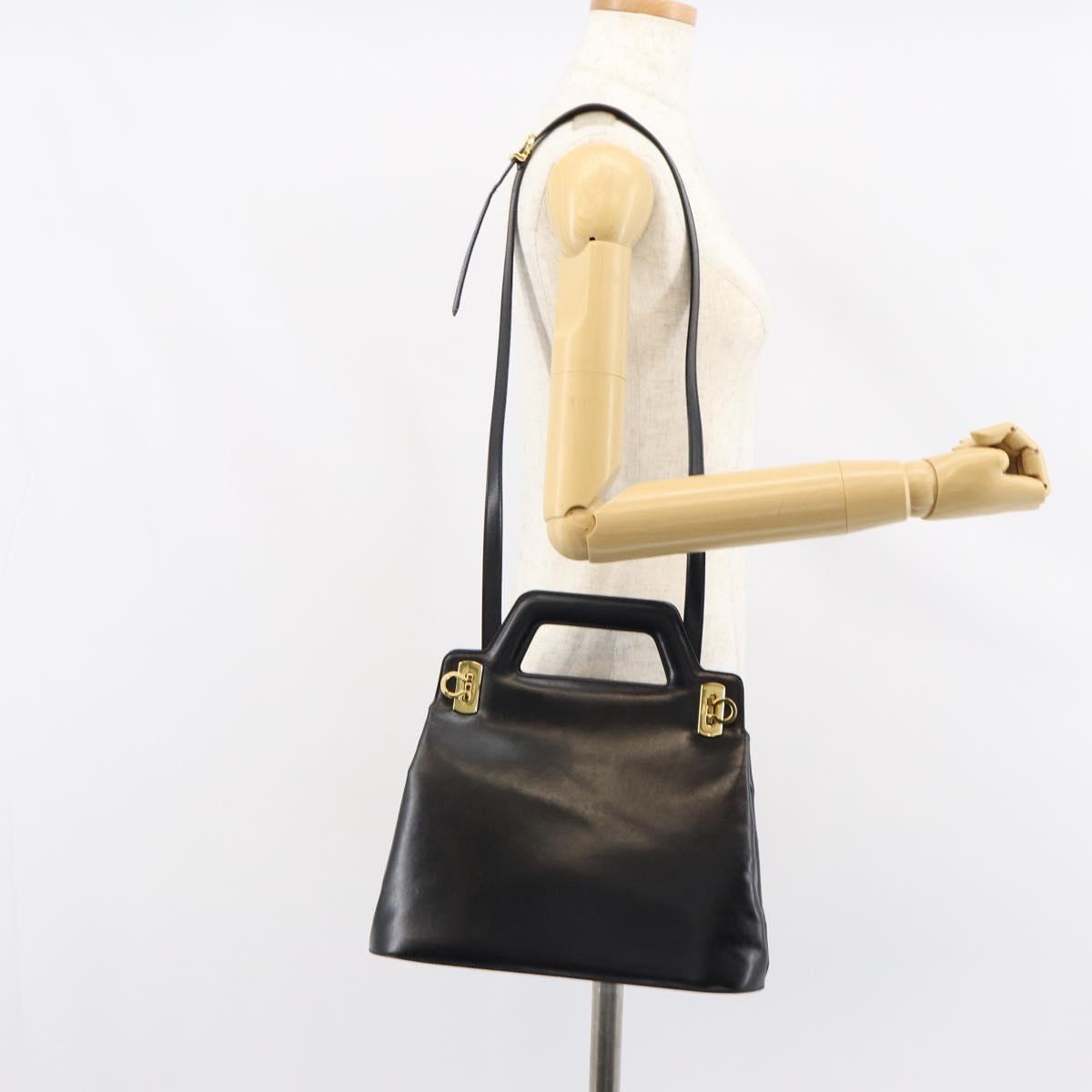 Salvatore Ferragamo Gancini Hand Bag Leather 2way Black Gold Auth 155316