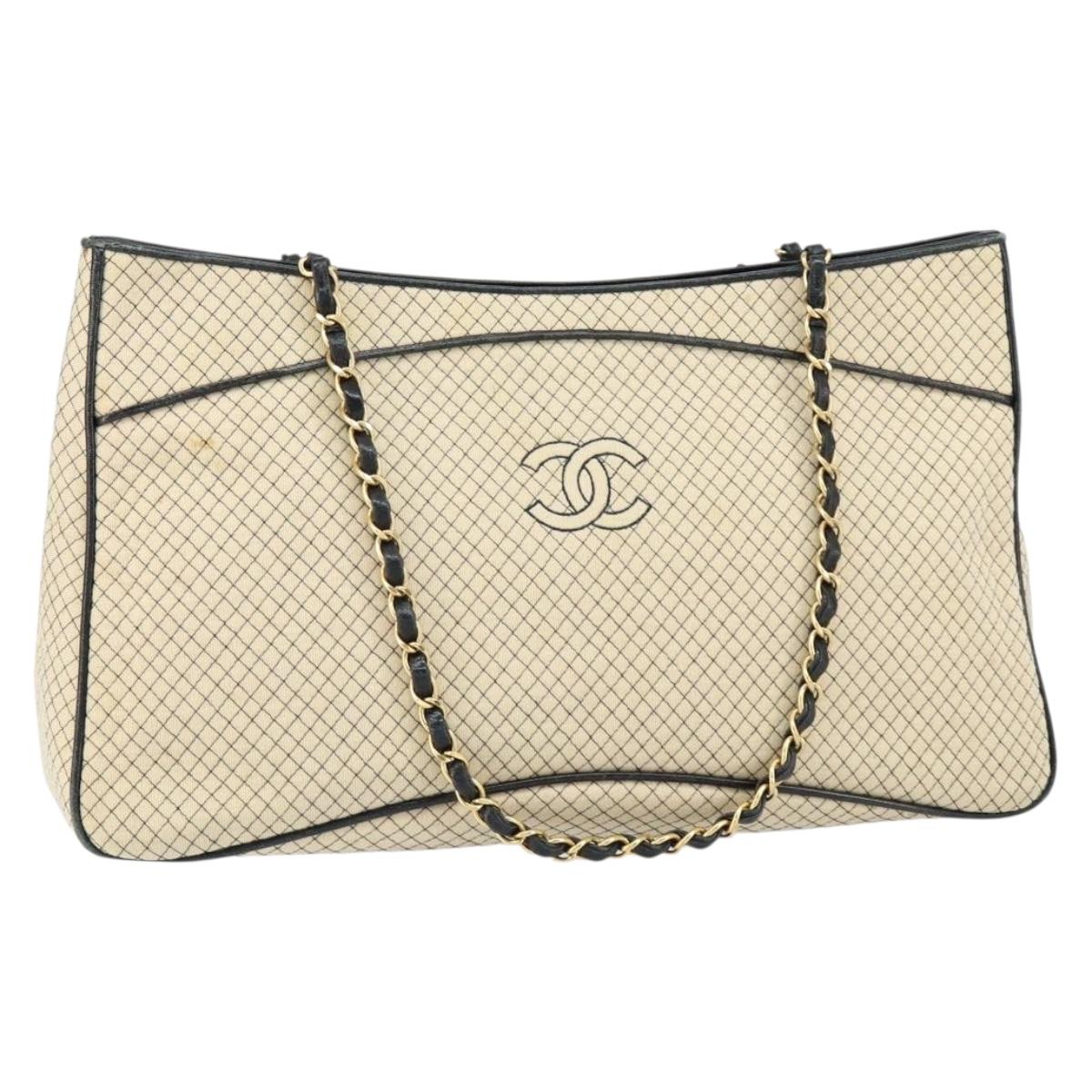 CHANEL Chain Tote Bag Cotton Beige Gold CC Auth 155323