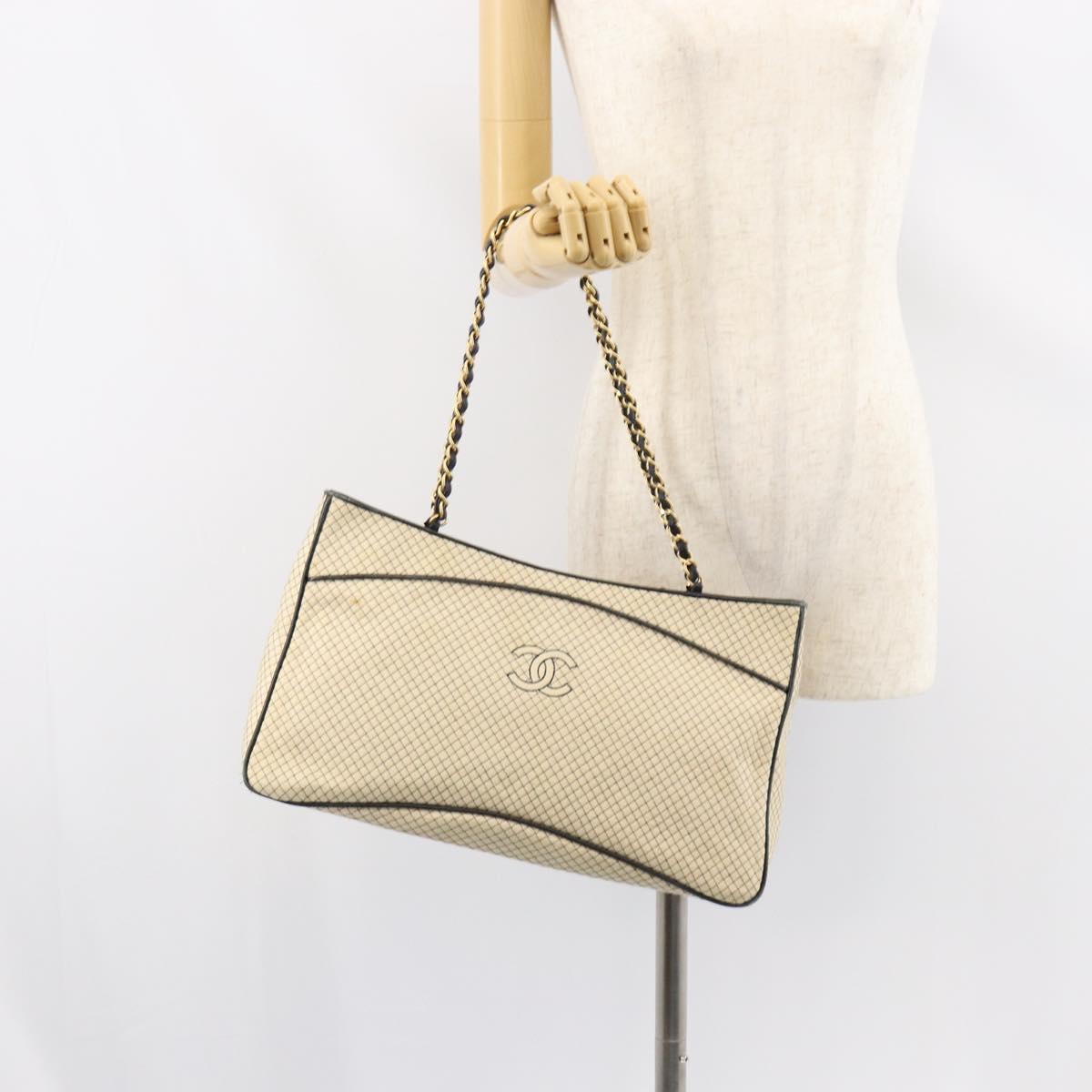 CHANEL Chain Tote Bag Cotton Beige Gold CC Auth 155323