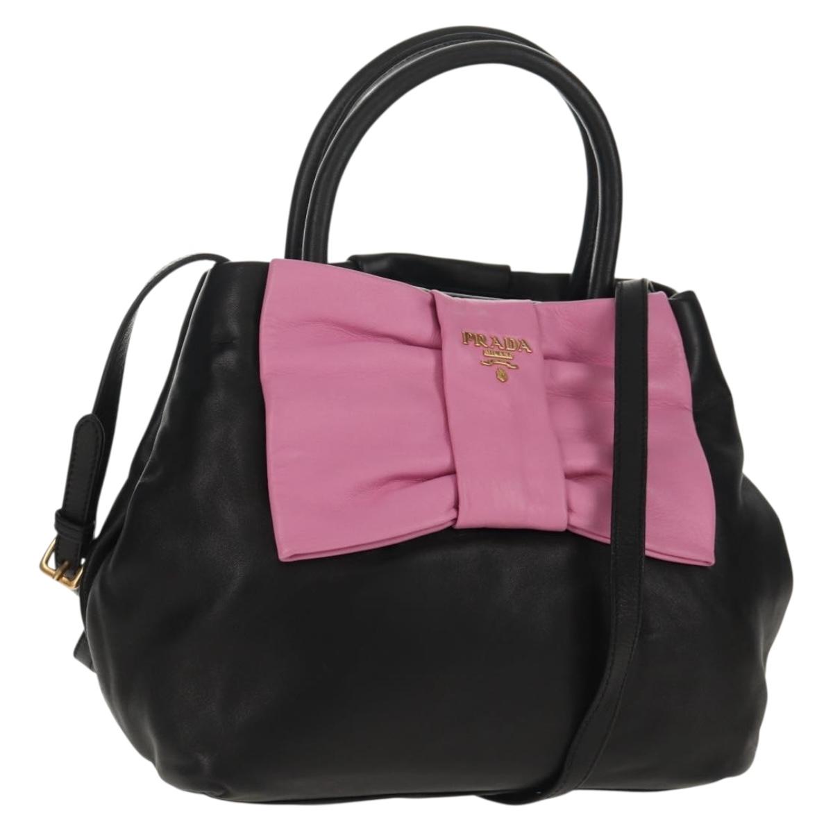 PRADA Ribbon Hand Bag Leather 2way Black Gold Auth 155326V