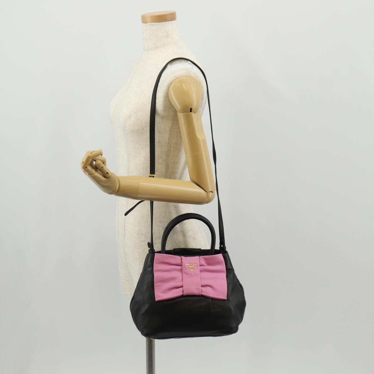 PRADA Ribbon Hand Bag Leather 2way Black Gold Auth 155326V