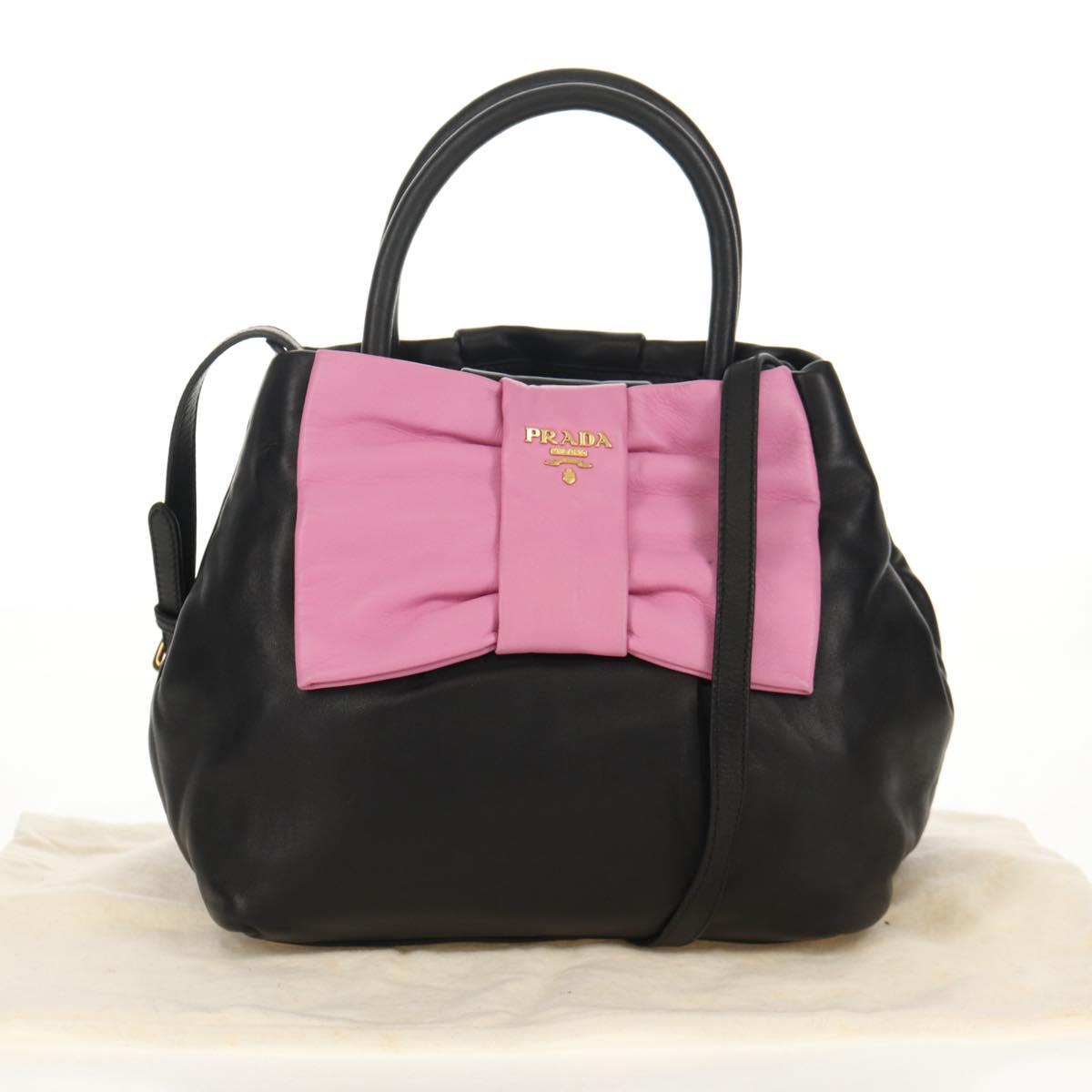 PRADA Ribbon Hand Bag Leather 2way Black Gold Auth 155326V