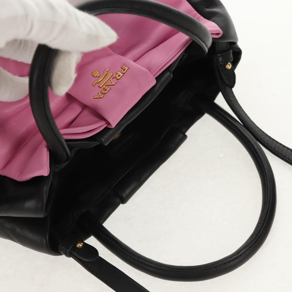 PRADA Ribbon Hand Bag Leather 2way Black Gold Auth 155326V