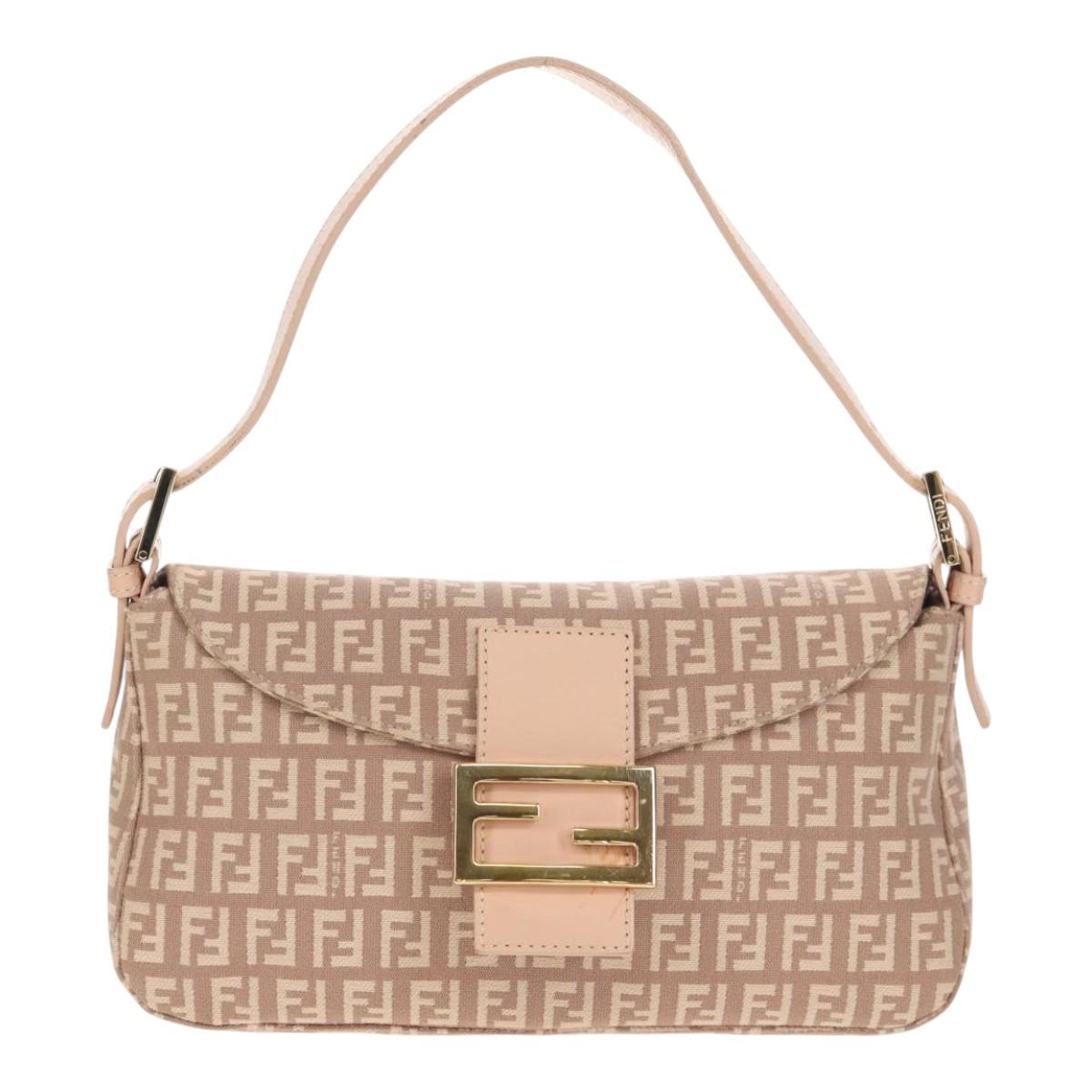 FENDI Zucchino Canvas Mamma Baguette Shoulder Bag Gold Pink Auth 155341V