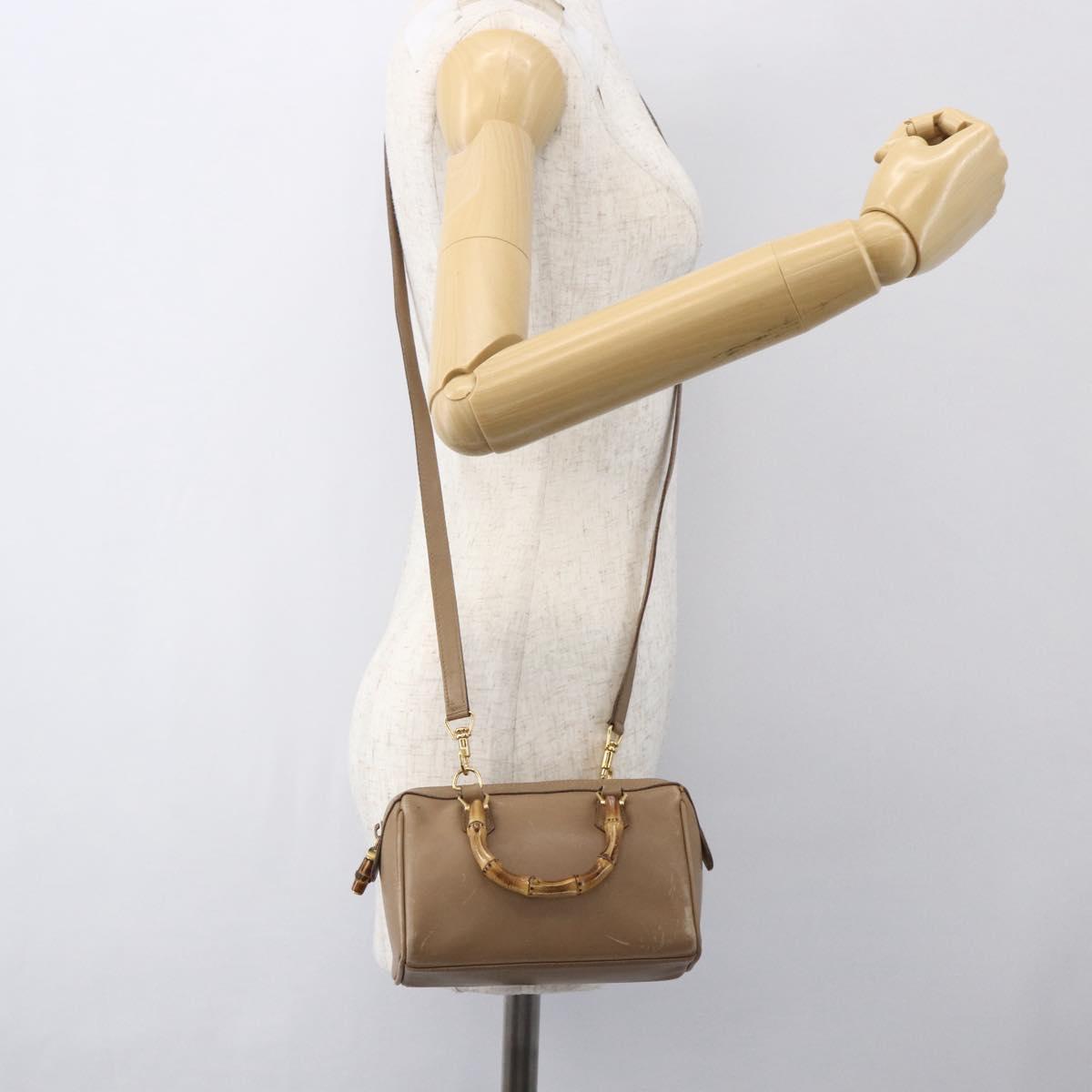 GUCCI Bamboo mini Boston Bag Leather 2way Beige Gold 007 3444 0232 Auth 155385