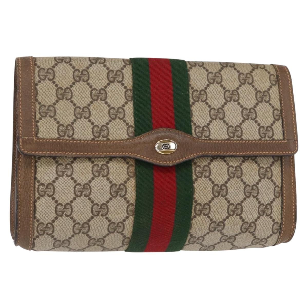 GUCCI GG Supreme Web Sherry Line Clutch Bag PVC Beige Gold 89 01 006 Auth 155387