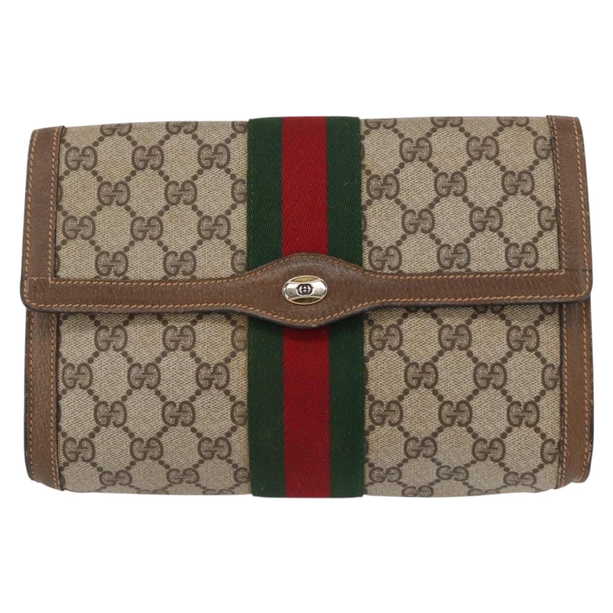 GUCCI GG Supreme Web Sherry Line Clutch Bag PVC Beige Gold 89 01 006 Auth 155387