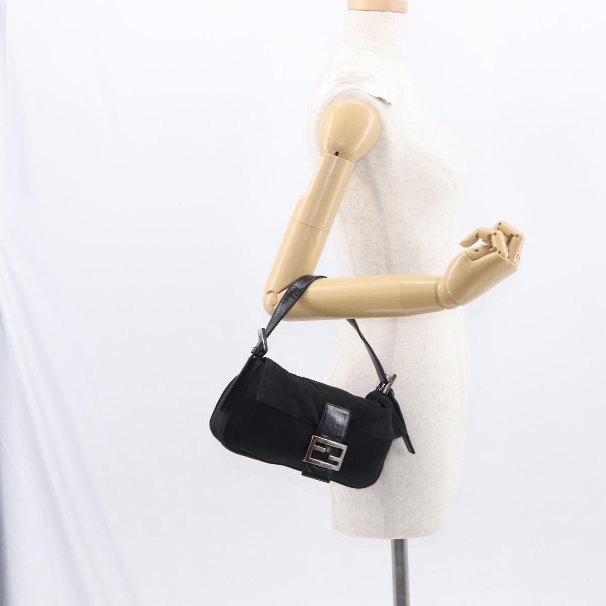 FENDI Mamma Baguette Shoulder Bag Nylon Black Silver Auth 155392