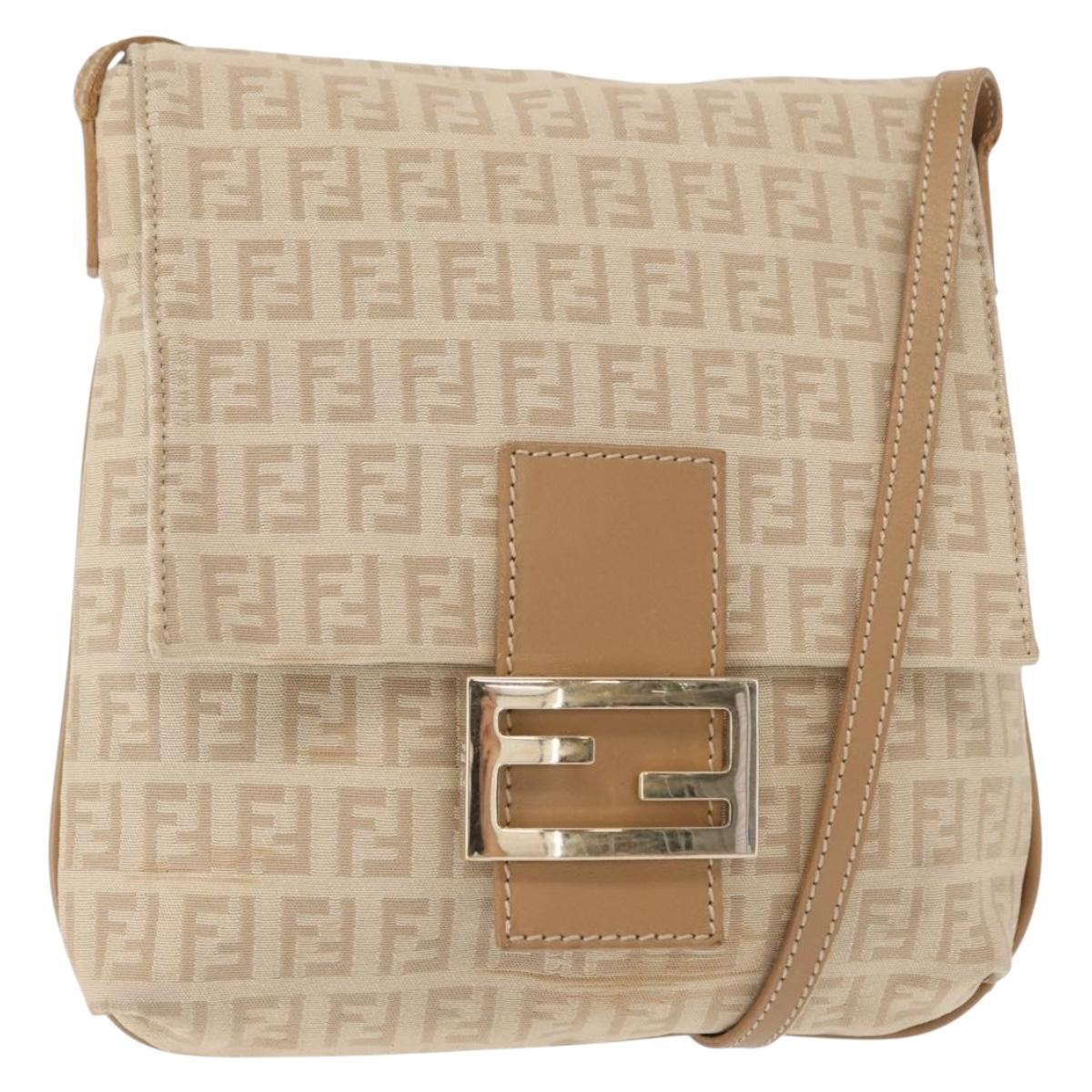 FENDI Zucchino Canvas Mamma Baguette Shoulder Bag Beige Silver Auth 155393