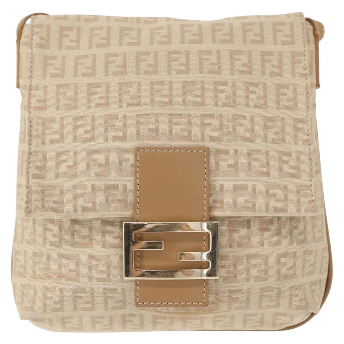 FENDI Zucchino Canvas Mamma Baguette Shoulder Bag Beige Silver Auth 155393