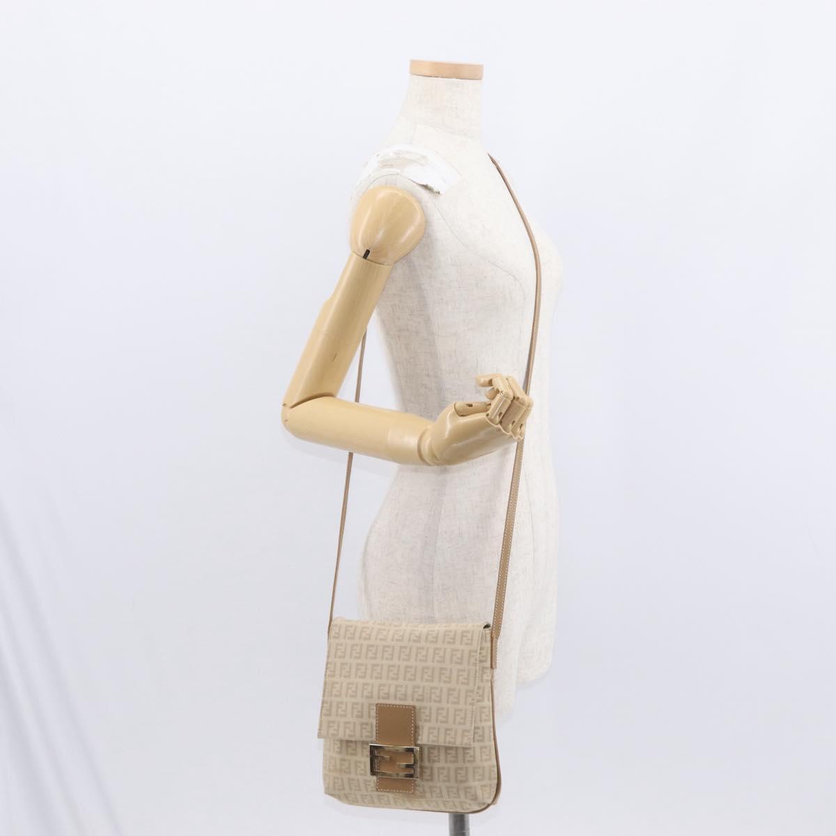 FENDI Zucchino Canvas Mamma Baguette Shoulder Bag Beige Silver Auth 155393