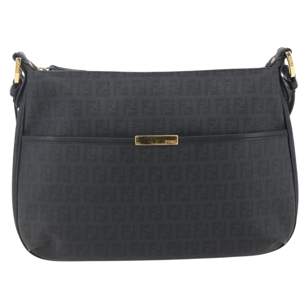 FENDI Zucchino Canvas Shoulder Bag PVC Black Gold Auth 155394