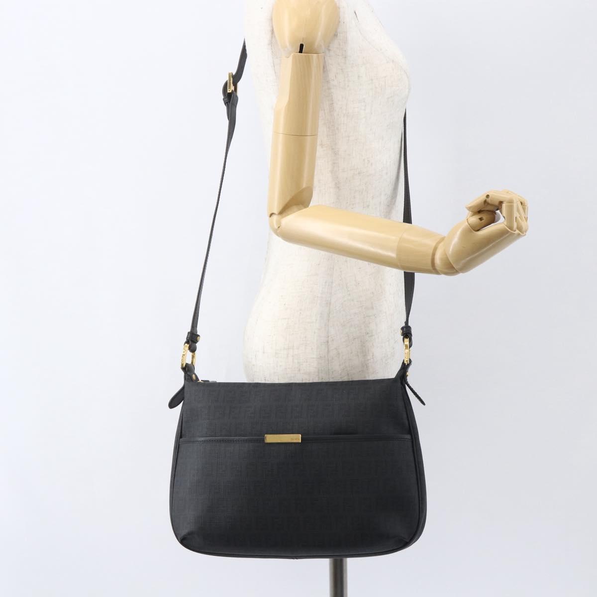 FENDI Zucchino Canvas Shoulder Bag PVC Black Gold Auth 155394