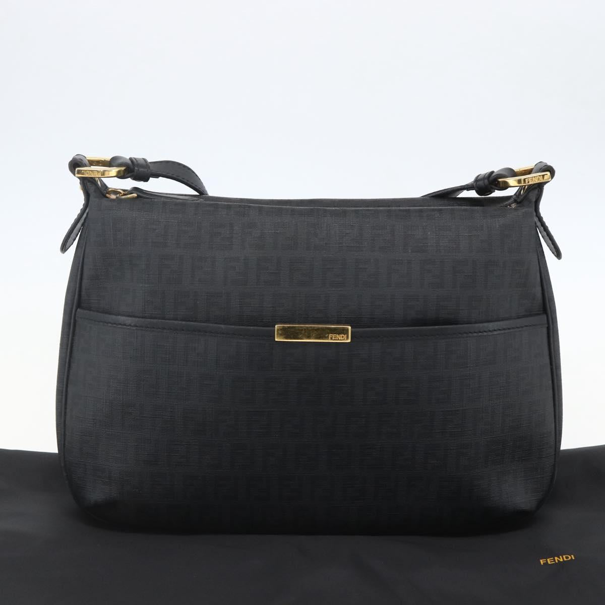 FENDI Zucchino Canvas Shoulder Bag PVC Black Gold Auth 155394