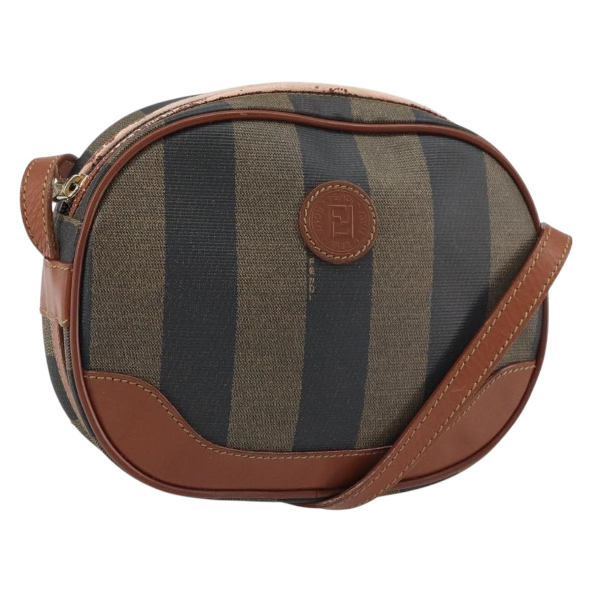 FENDI Pecan Canvas Shoulder Bag PVC Black Brown gold Auth 155395