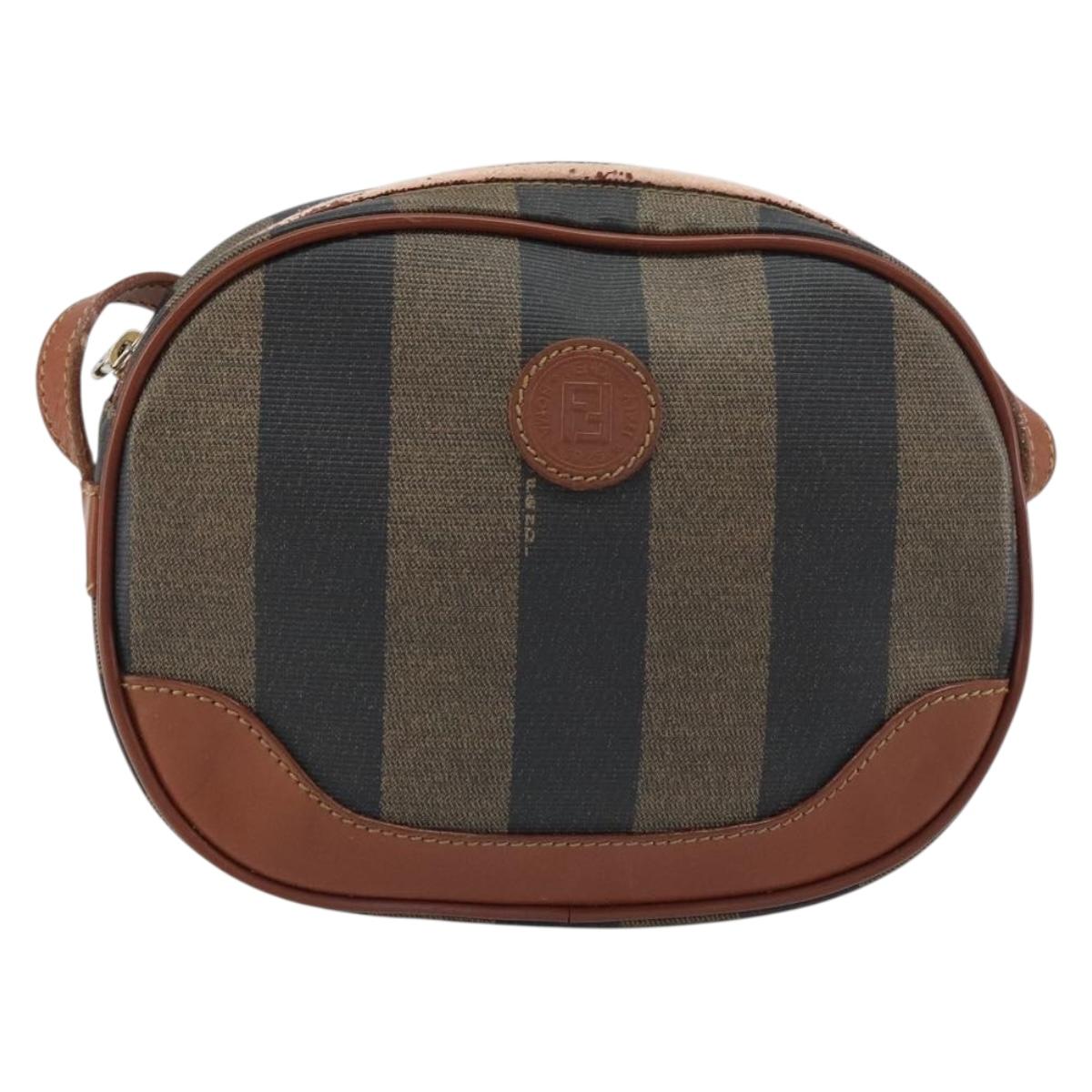 FENDI Pecan Canvas Shoulder Bag PVC Black Brown gold Auth 155395