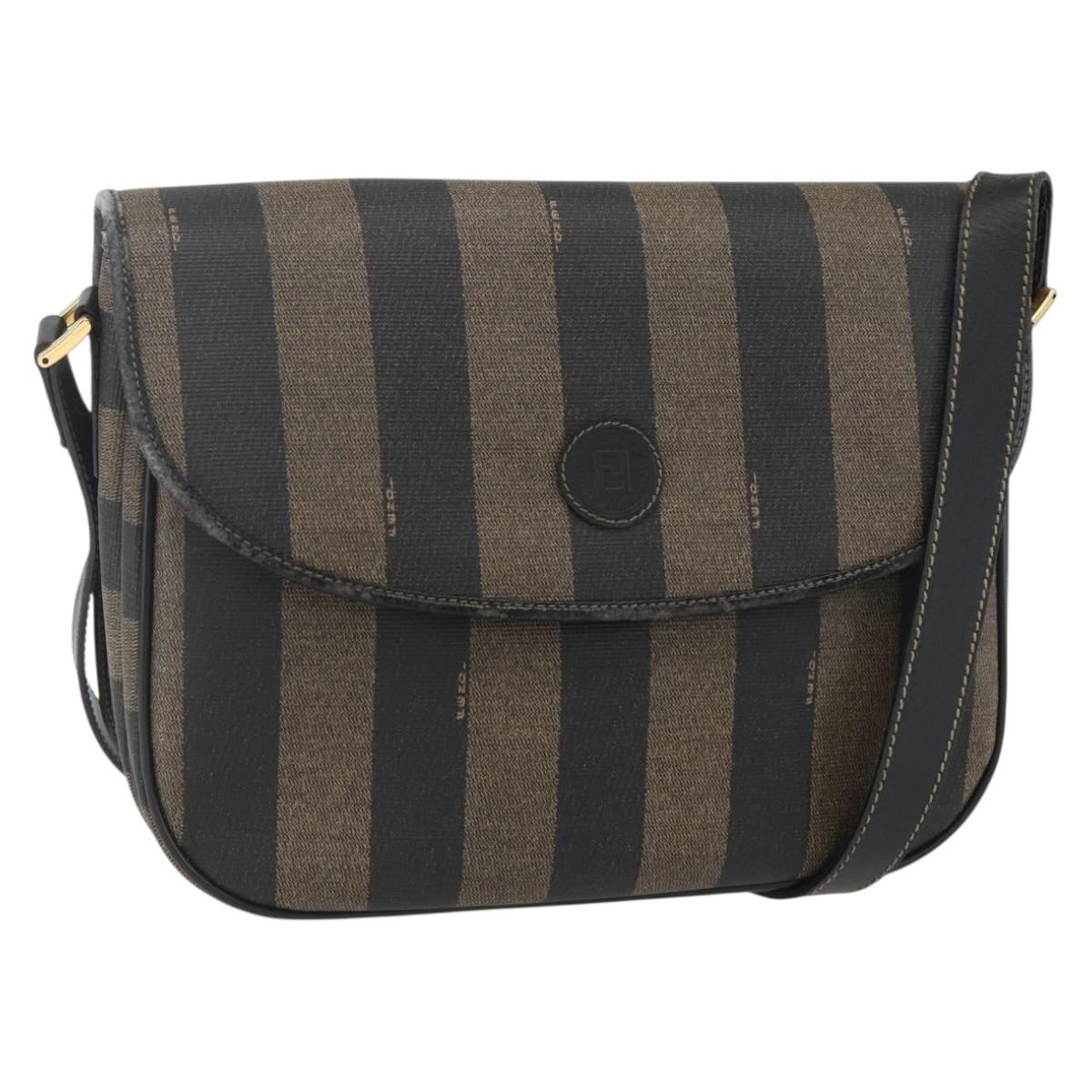FENDI Pecan Canvas Shoulder Bag PVC Black Brown gold Auth 155396