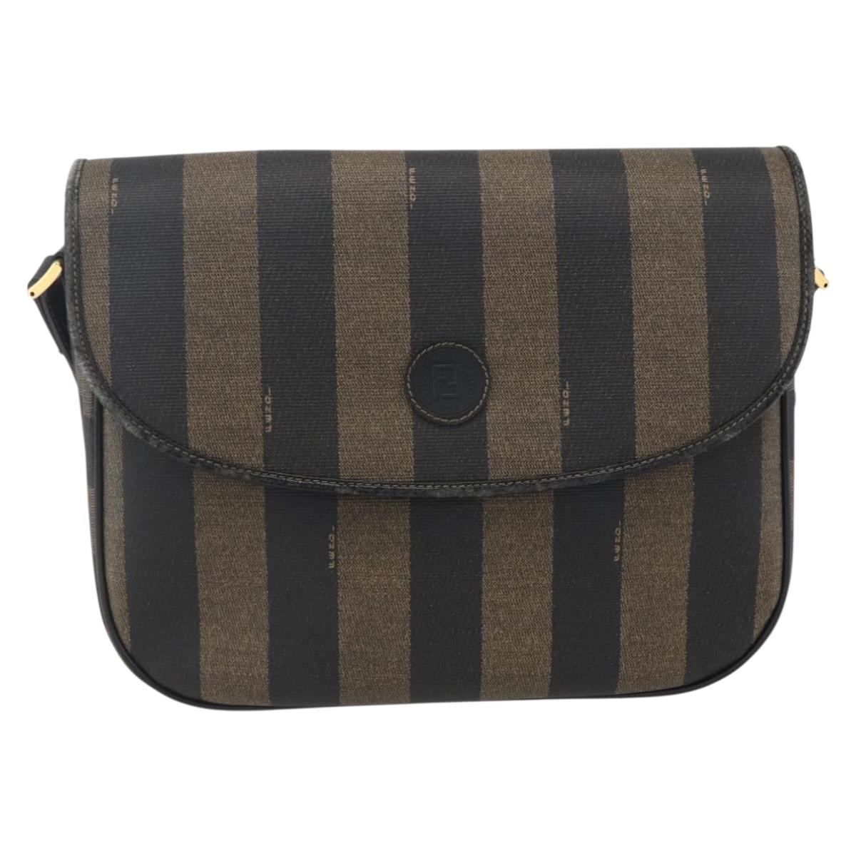 FENDI Pecan Canvas Shoulder Bag PVC Black Brown gold Auth 155396
