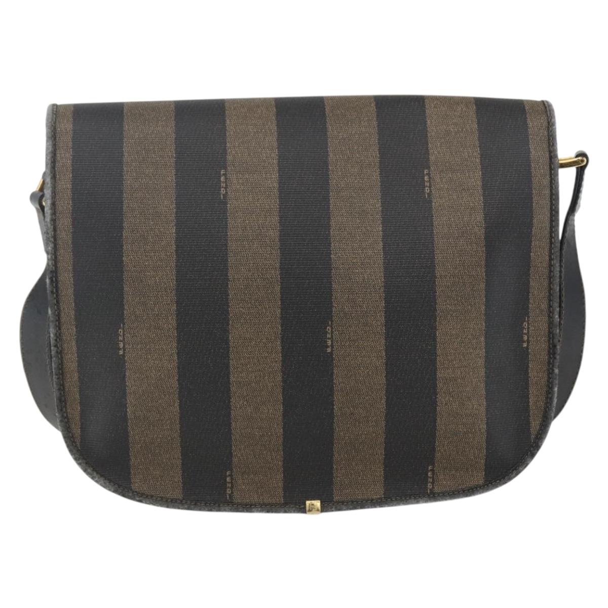 FENDI Pecan Canvas Shoulder Bag PVC Black Brown gold Auth 155396