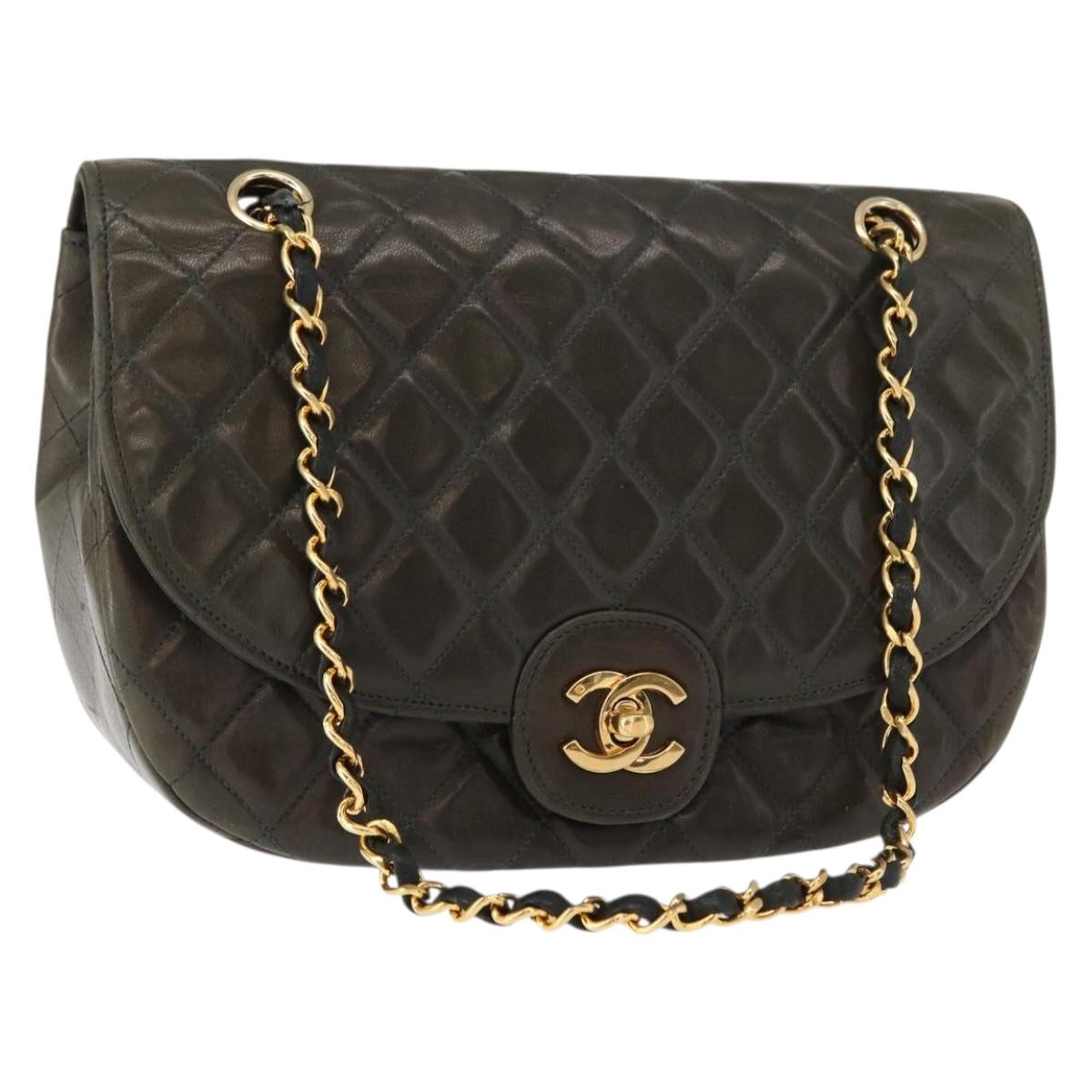 CHANEL Chain Matelasse Shoulder Bag Lamb Skin Khaki Gold CC Auth 155402